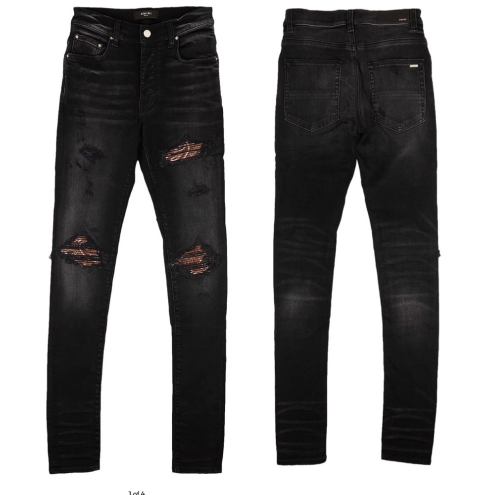 Amiri Thrasher Jean Aged Black Jeans Distressed Leather Trim Zip Pant Logo 29 30